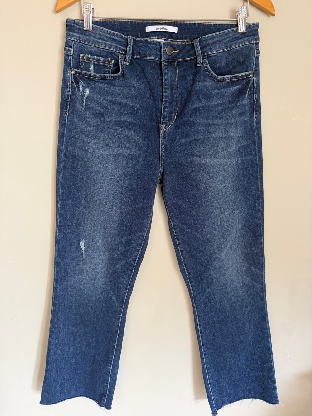 Sam Edelman High Rise Crop Kick Flare Jeans Size 33 Raw Hem Stiletto Blue Comfy
